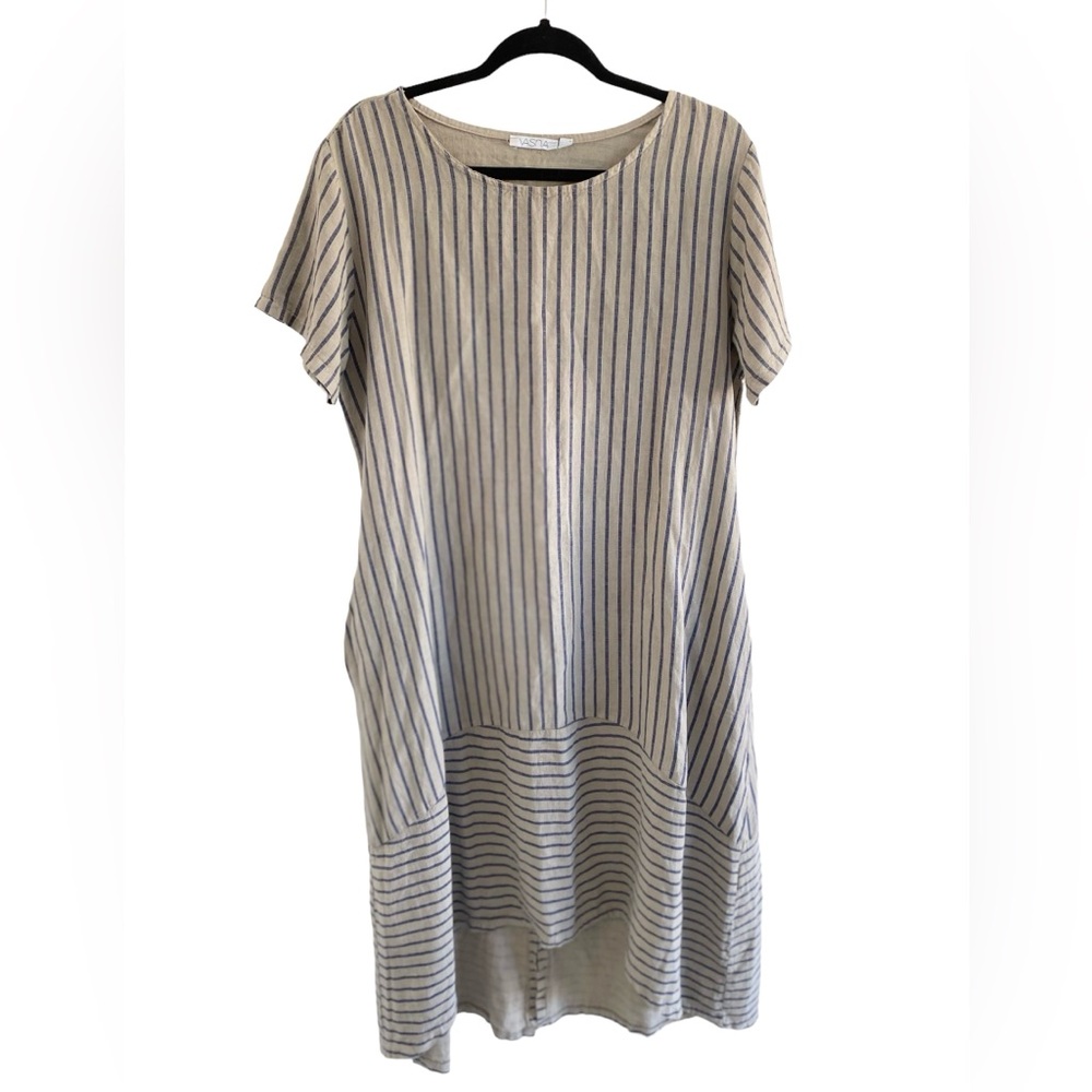 Vasna 100% linen taupe and navy stripe oversized dress with pockets